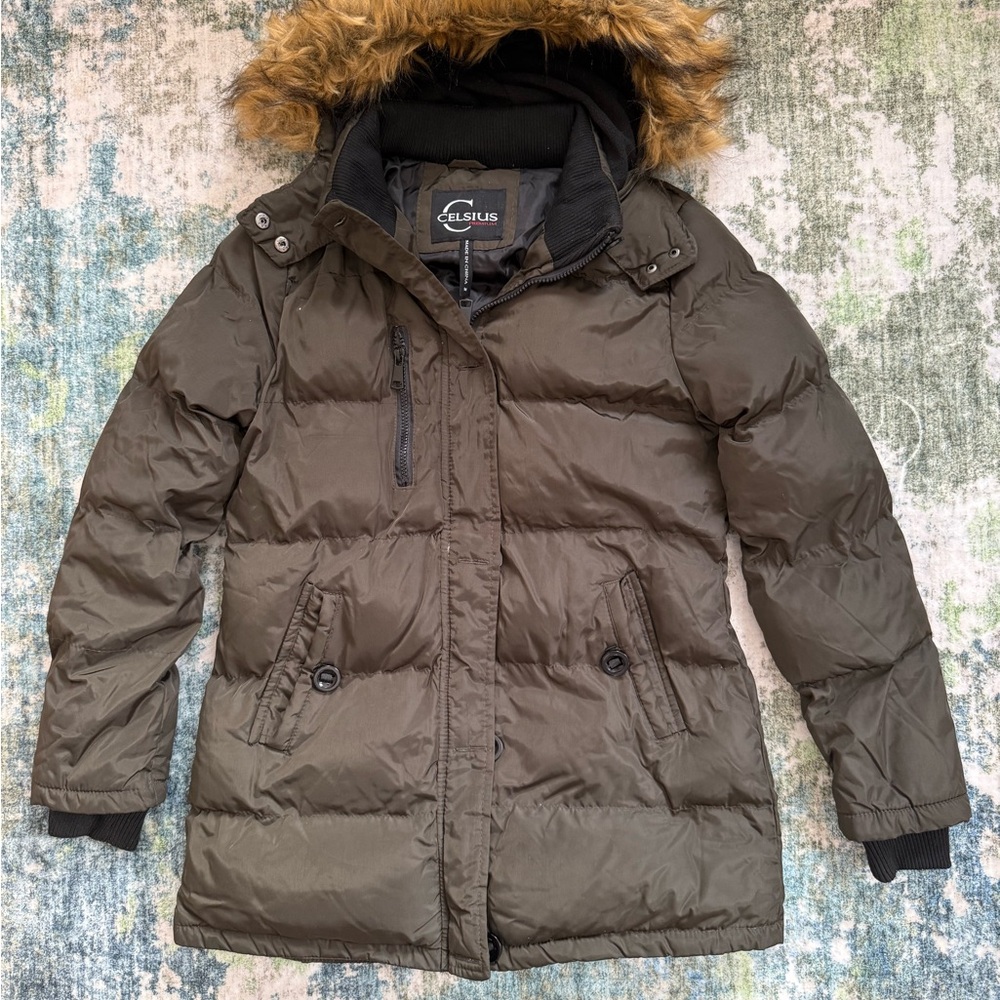 Celsius Women’s Olive Green Puffer Jacket Medium Faux Fur Hood Winter Coat
